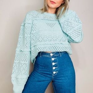 STUDIO 19 Large Crochet Balloon Sleeve Boho Sweater, Blue Ruffled Knit, Large